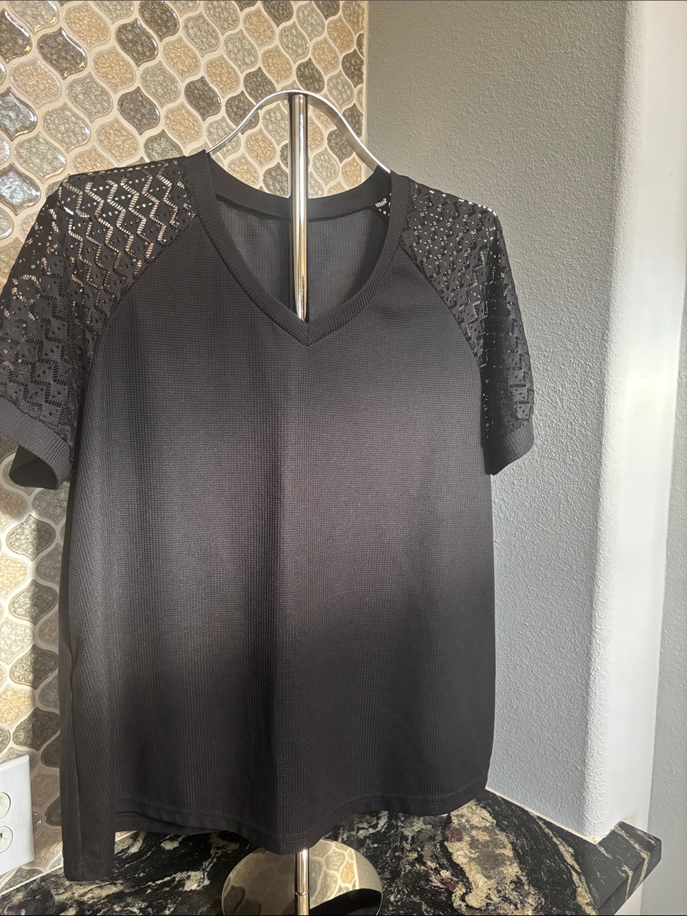 Black Short-Sleeve V-Neck Tee with Lace Yoke